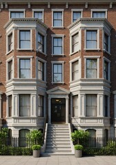 Naklejka premium Exterior view of a brown brick building with bay windows and a central entrance staircase