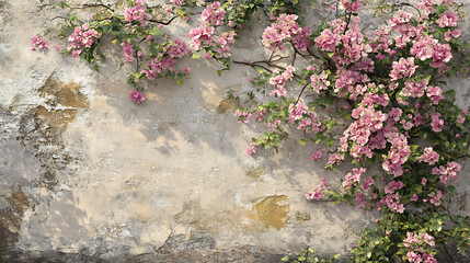 Blooming flowers adorning textured wall