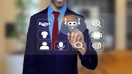 Businessman interacting with AI chatbot interface on virtual screen, showing icons for automation,...