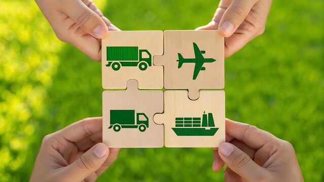 Hands holding puzzle pieces with green icons of transportation modes for logistics