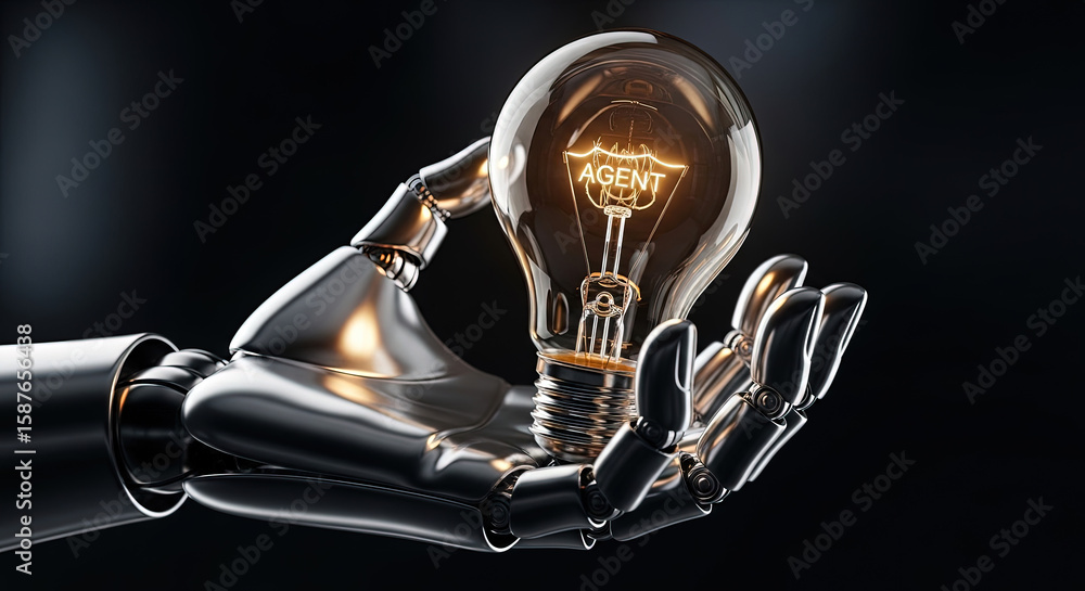 Poster robot hand holding light bulb with agent text inside - concept for ai assistant, automation, innovat