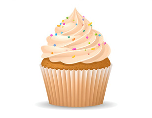 A delicious cupcake with creamy swirled frosting topped with colorful round sprinkles, isolated on white background. Perfect for dessert, bakery, or celebration themes.