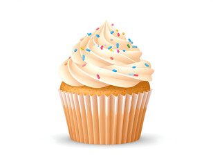 Tasty cupcake with smooth vanilla frosting and colorful sprinkles, isolated on white. Great for sweet treats, birthdays, bakery menus, or festive designs.