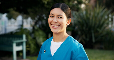 Happy, nurse and portrait of woman outdoor with smile for fresh air, wellness and volunteer at...