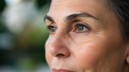 Close-up of an older woman with warm features and gentle eyes, with a soft, blurred background of a park and subtle bokeh lights. 