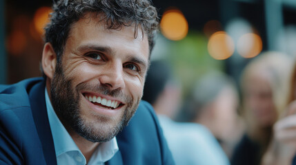 Fototapeta premium Close-up of business professionals engaged in conversation, smiling and nodding while a startup founder presents new ideas. 
