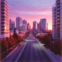 Obraz premium Cityscape at Dusk: A Street View of Modern Buildings Under a Pink and Purple Sky, Urban Twilight