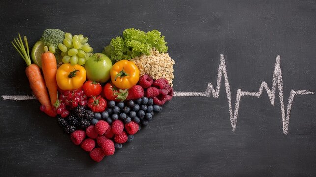 Fresh fruits and vegetables arranged in a heart shape with a chalk-drawn heartbeat line on a blackboard background, symbolizing healthy eating and wellness.