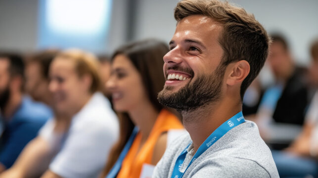 Close-up of happy attendees at a startup business exhibition, engaging with an inspiring speaker during a workshop session.