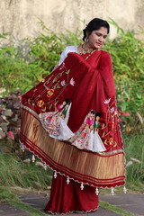 Traditional Indian Woman in Designer Saree with Embroidered Artwork