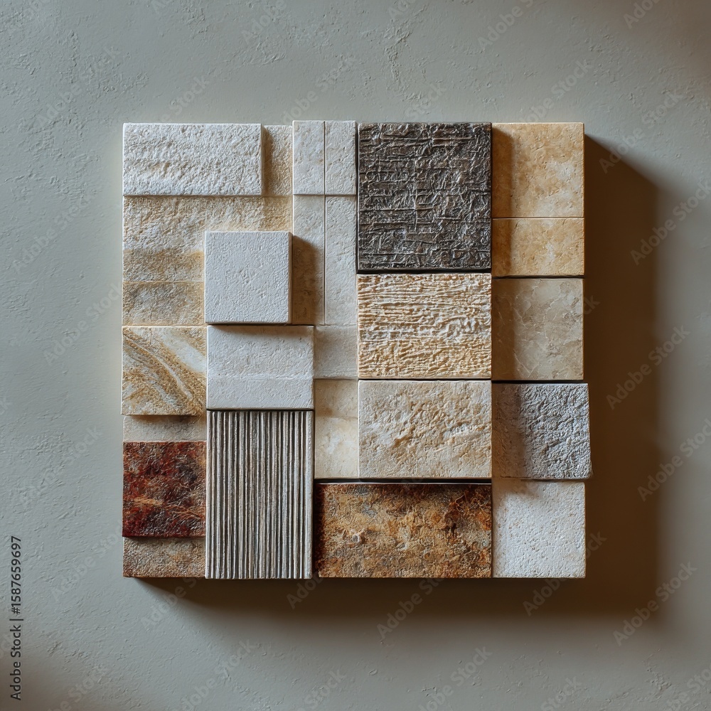 Poster diverse textures and hues: a mosaic of stone samples on a textured wall creates depth and visual int