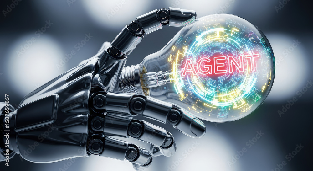 Poster ai agent concept: robot hand holding light bulb with digital display. futuristic technology, artific