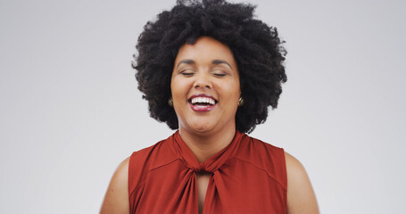 Smile, African woman and laughing in studio for funny joke, comic expression and good mood. Happy,...