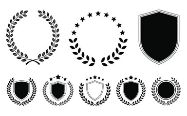 Obraz premium Laurel Wreath and Shield Icon Set – Silhouettes of Emblems for Honor, Achievement, and Prestige