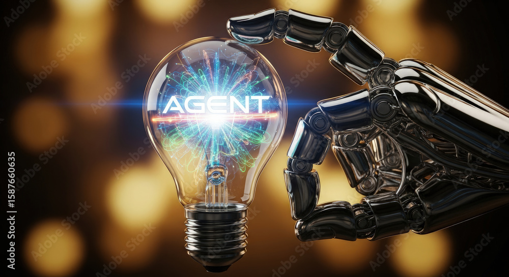 Aufkleber ai agent concept: robot hand holding light bulb with digital brain. futuristic technology, artificia