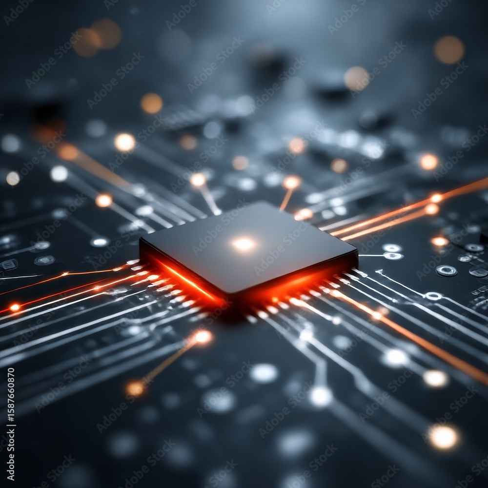 Poster high-tech microchip with glowing circuits: powering the future of innovation and connectivity in tec