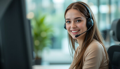Cheerful Female Customer Service Agent with Headset, Close-Up in Modern Office, Representing Virtual Support and Online Communication