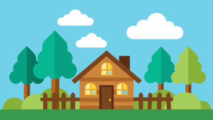Fototapeta premium Charming Wooden House nestled in a Green Forest Landscape Illustration