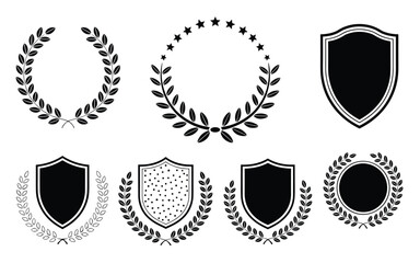 Obraz premium Laurel Wreath and Shield Icon Set – Silhouettes of Emblems for Honor, Achievement, and Prestige