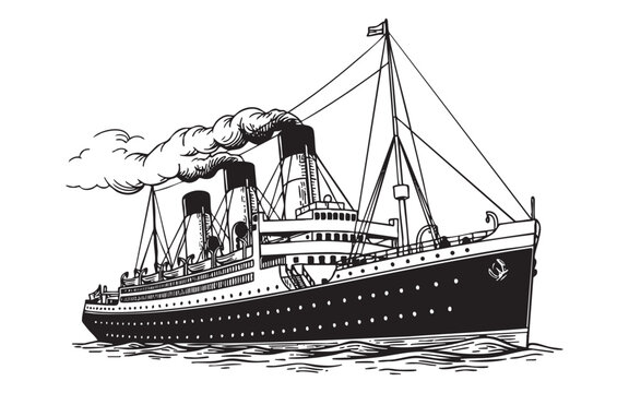 steamship at sea woodcut engraving vector illustration