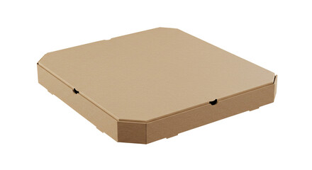 Closed corrugated cardboard pizza box with octagonal edges and locking tabs.