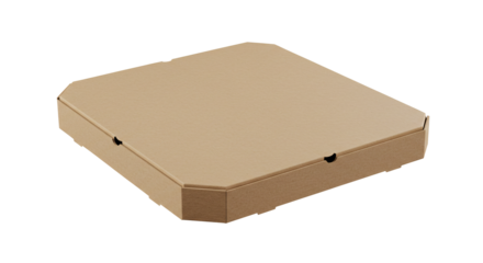 Closed corrugated cardboard pizza box with octagonal edges and locking tabs.