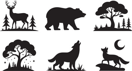 Deer bear wolf trees moon stars forest