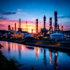 Obraz premium Industrial Radiance: Oil Refinery at Dusk Reflected in Tranquil Waters with a Striking Sunset Glow