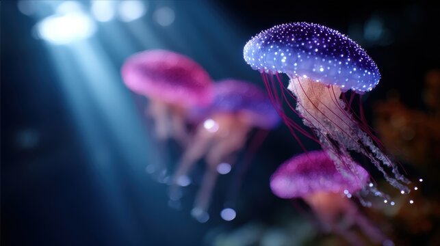 Vibrant jellyfish illuminated underwater, showcasing their glowing tentacles and translucent bodies in a serene ocean scene.