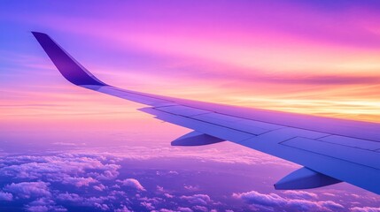 Obraz premium Airplane wing over colorful sunset sky