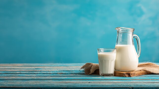 A glass and jug of milk on a rustic wooden table with a blue background, evoking a fresh and natural dairy theme.