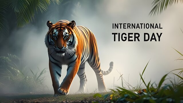 A tiger walks through a misty jungle landscape, celebrating International Tiger Day with text overlay.