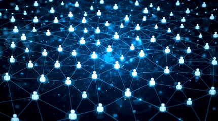Connecting people on the internet, social network connection. dark blue, abstract background depicting a vast, interconnected network of human icons. White, stylized silhouettes of people are linked