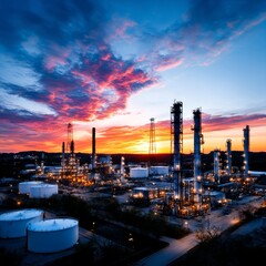 Obraz premium Oil Refinery at Sunset: A Landscape of Energy Production Under a Dramatic Sky
