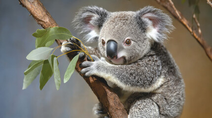 Obraz premium Koala sitting upright on a tree branch, holding a eucalyptus leaf in its paws, looking curiously at its surroundings.