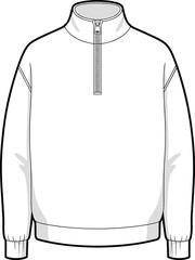 Men's Mock Neck Quarter Zip Sweatshirt, Front View, Technical Flat Sketch, Fashion CAD Drawing, Vector Apparel Template Illustration © Creative Asif