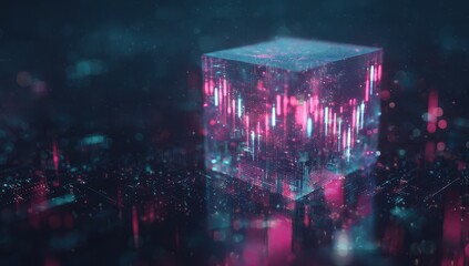 Glowing, transparent cube on dark, tech-lit surface