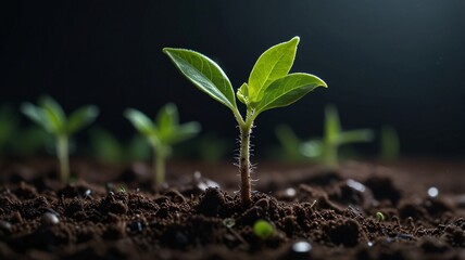 Bioluminescent Green Seedling Sprouting from Soil, Dramatic Macro Shot V8