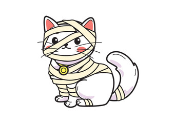 Charming white cat completely wrapped in bandages as a mummy with a playful expression in Halloween theme