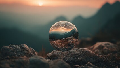 Crystal sphere reflects mountain sunset