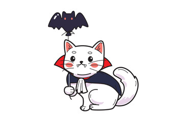 Cute white cat dressed as a witch with a black hat and purple cauldron in Halloween theme