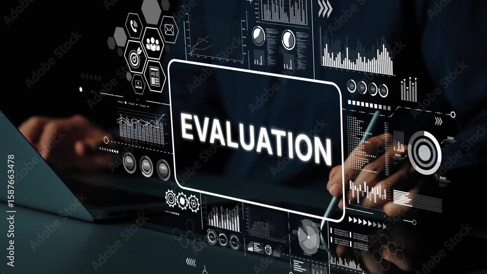 Poster digital evaluation process with analytics and graphics in modern business environment. asymptotic sm