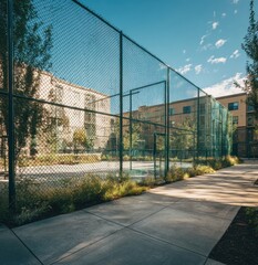 Outdoor court enclosed by a chain-link fence