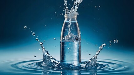 Water Bottle Splash: Dynamic Liquid Motion on Blue Gradient Backdrop