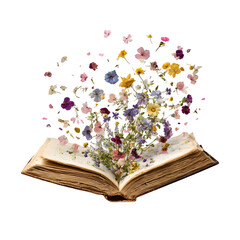 Open Antique Book with Bursting Wildflowers – isolated on transparent background.

