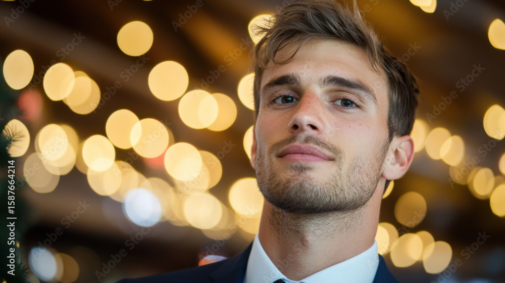 Poster portrait of a confident man with a square jaw, dressed in a suit, with bokeh lights from a festive e