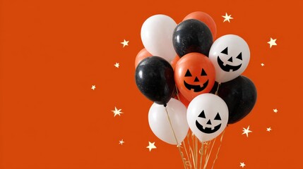 Halloween-themed balloons with jack-o'-lantern faces in orange, black, and white, set against an orange background with scattered stars.