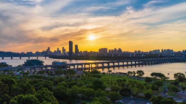 Sunset at Han River and the Rainbow Fountain at Banpo Bridge at night with beautiful lights. Romantic tourist attractions in Seoul,