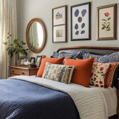 A bedroom with a gallery wall Art