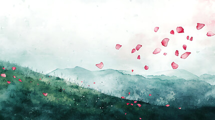 Watercolor Landscape with Floating Petals A Serene Artistic Illustration evoking Spring and Romance, perfect for wall art and design